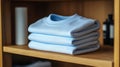Stack of Light Blue T-shirts Folded on Wooden Shelf Royalty Free Stock Photo
