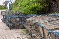 Stack of lobster traps along Loch Carron, Scotland.