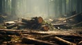 A stack of logs in the heart of a dense forest