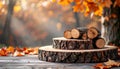 Stack of Logs on Rustic Wooden Table with Golden Autumn Leaves and Soft Sunlight Background Royalty Free Stock Photo