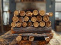 A stack of logs on top of a wooden table Royalty Free Stock Photo