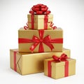 A stack of luxurious gold wrapped presents adorned with vibrant red ribbons and bows on a clean white background Royalty Free Stock Photo