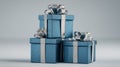 Stack of luxurious sparkling blue gift boxes wrapped with shiny silver ribbons and bows on neutral background Royalty Free Stock Photo