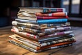 A stack of magazines sitting on top of a wooden table Royalty Free Stock Photo