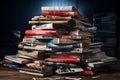 A stack of magazines sitting on top of a wooden table Royalty Free Stock Photo