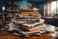 A stack of magazines sitting on top of a wooden table Royalty Free Stock Photo