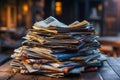 A stack of magazines sitting on top of a wooden table Royalty Free Stock Photo