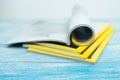 Stack magazines on wooden table Royalty Free Stock Photo