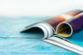 Stack magazines on wooden table Royalty Free Stock Photo