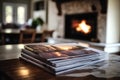 A stack of magazines on a wooden table in front of a fireplace Royalty Free Stock Photo