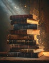 Stack of Magical Old Books in Rays of Light Royalty Free Stock Photo