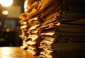 Stack of manila folders piled on desk under warm lamp light creating work mood Royalty Free Stock Photo