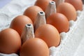 Stack of many brown and speckled fresh raw chicken eggs in the cardboard tray box packaging for sale in supermarket Royalty Free Stock Photo