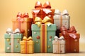 Stack of many Gift boxes with a ribbons, kids gifts, playful cartoonish illustration