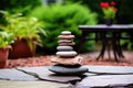 a stack of meditation stones on a patio