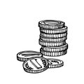 A stack of metal coins, money, symbol of wealth, numismatic hobby, black ink lines