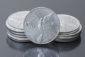 Stack of Mexican silver bullion coins Royalty Free Stock Photo