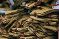 Stack of military caps of the Soviet army with red stars. Garrison cap with a red stars. Red stars with sickle and Royalty Free Stock Photo