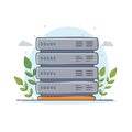 Stack of modern data server racks surrounded by green leaves symbolizing sustainable cloud technology and eco friendly Royalty Free Stock Photo