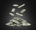 Stack of money american dollar bills falling into a pile on black background 3d render Royalty Free Stock Photo