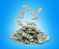 Stack of money american dollar bills falling into a pile on blue background 3d Royalty Free Stock Photo