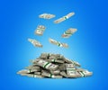 Stack of money american dollar bills falling into a pile on blue background 3d render Royalty Free Stock Photo