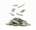 Stack of money american dollar bills falling into a pile 3d render Royalty Free Stock Photo