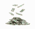 Stack of money american dollar bills falling into a pile without shadow 3d render Royalty Free Stock Photo