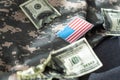 Stack of money on American Flag. dollars. High quality photo Royalty Free Stock Photo