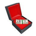 Stack of money american hundred dollar bills in gift box with red material isolated on white background 3d without shadow Royalty Free Stock Photo