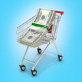 Stack of money american hundred dollar bills in the shopping trolley on blue background 3d Royalty Free Stock Photo