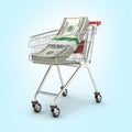 Stack of money american hundred dollar bills in the shopping trolley on blue gradient background 3d Royalty Free Stock Photo