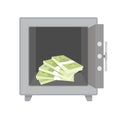 Stack money cash in metal safe. Vector safebox with stack