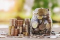 Stack money coins in glass jar concept saving Royalty Free Stock Photo