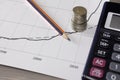 Stack of money coins with graph paper, pencil, calculator Royalty Free Stock Photo