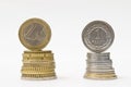 Stack of money euro and zloty coins. Currency rate comparison Royalty Free Stock Photo