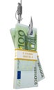 Stack of money on fishing hook Royalty Free Stock Photo