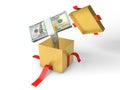 The stack of money jumps out of a gift box on a spring Royalty Free Stock Photo