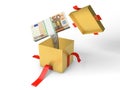 The stack of money jumps out of a gift box on a spring Royalty Free Stock Photo