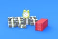 Stack of money near alarm clock, freight container