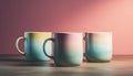 Stack of multi colored mugs on wooden table in studio shot generated by AI