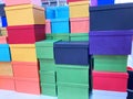stack of multicolor box in the stationary store. Royalty Free Stock Photo