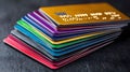 Stack of multicolored cards arranged on a black surface Royalty Free Stock Photo