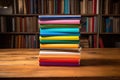 stack of multicolored hardbound books on a wooden table