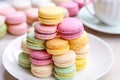 a stack of multicolored macarons on a white plate