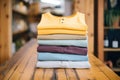 stack of naturally dyed cotton shirts on wood Royalty Free Stock Photo