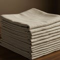 A stack of neatly folded beige linen napkins rests on a wooden surface. The napkins Royalty Free Stock Photo