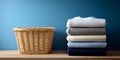 Stack of neatly folded clothes next to empty wicker laundry basket on wooden surface against blue wall background Royalty Free Stock Photo