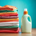 Stack of Neatly Folded Colorful Clothes Next to a Bottle of Laundry Detergent image photo Royalty Free Stock Photo
