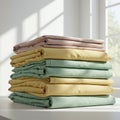 A stack of neatly folded linens in pastel colors, including light pink, yellow, and mint Royalty Free Stock Photo